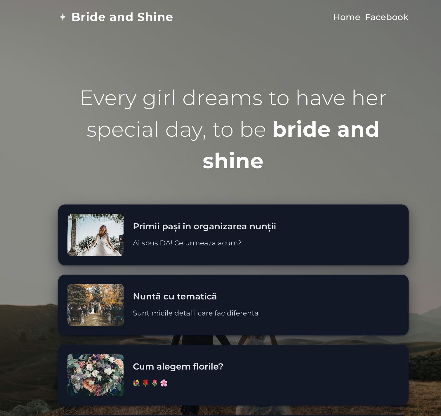 Landing page of brideandshine website